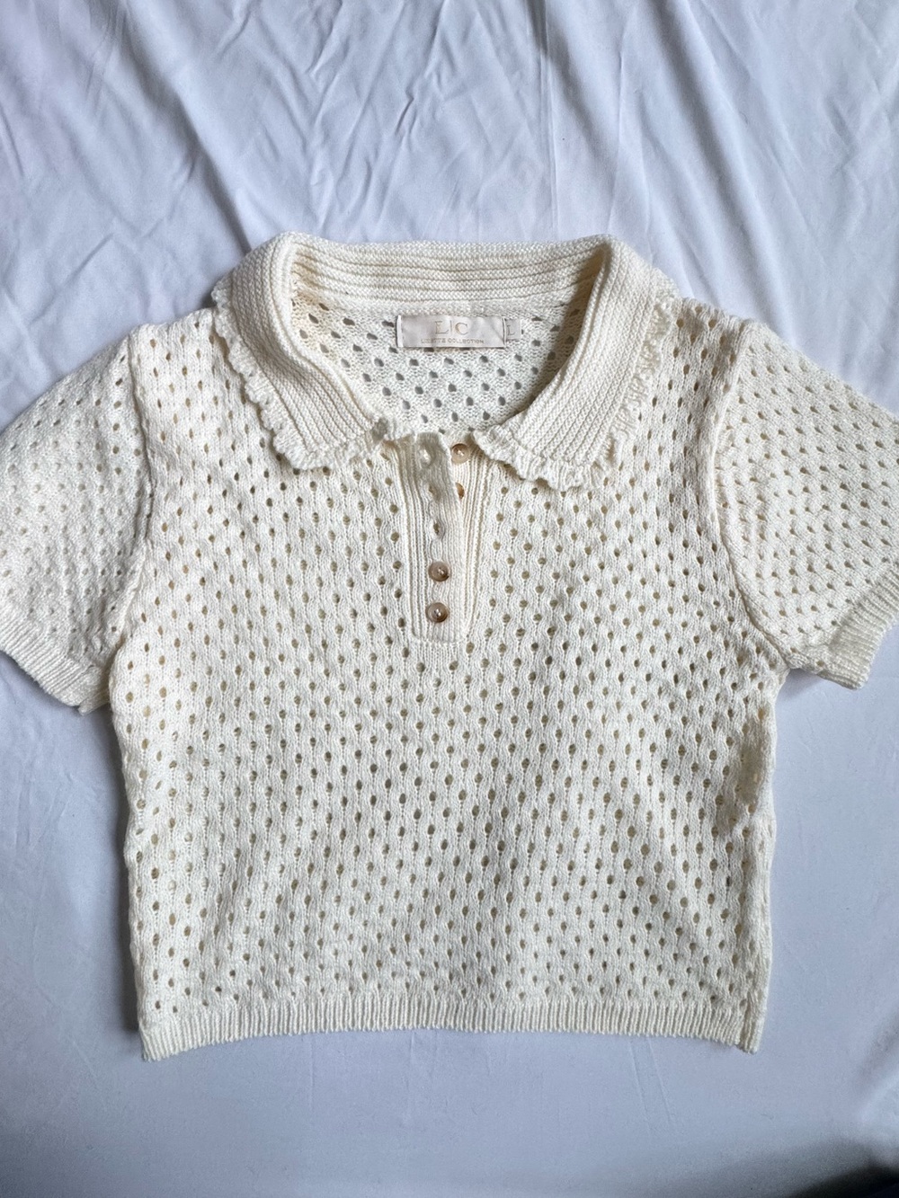 Lizette Collection Cream Open-Knit Polo Short Sleeve